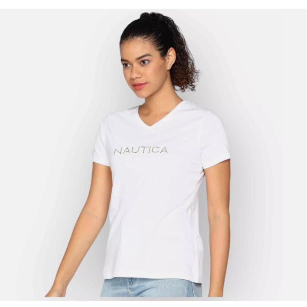 Nautica Women’s Gold Studded Logo V-Neck T-Shirt, Size Large